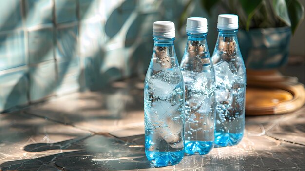 Tre bottiglie d'acqua che gettano ombre sul marmo