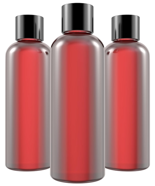 Tre bottiglie di liquido rosso sono allineate su uno sfondo bianco