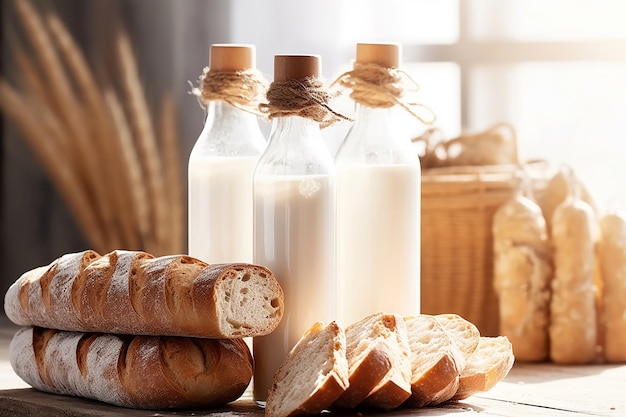 Tre bottiglie di pane una accanto all'altra con il pane sullo sfondo.