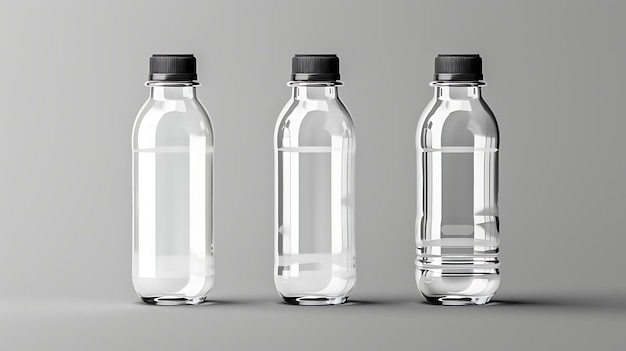 Tre bottiglie di plastica trasparenti con tappi neri