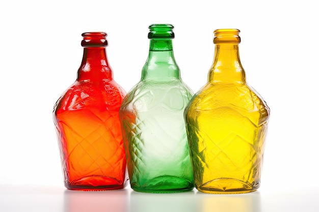 Tre bottiglie di vetro in diversi colori IA generativa