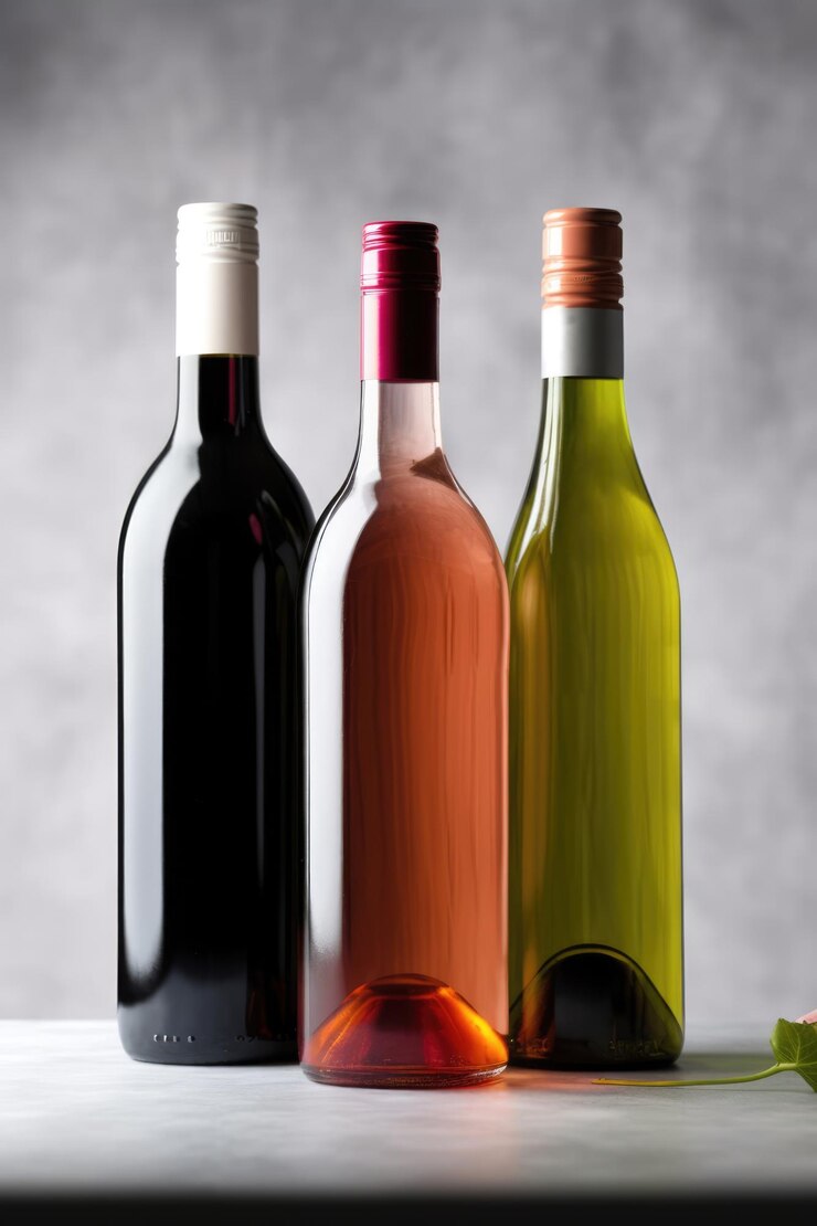 Tre bottiglie di vino rosso bianco e rosato su sfondo grigio create utilizzando la tecnologia generativa ai