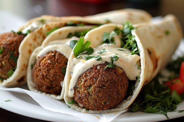 Tre burritos con polpette e un lato di verdure.