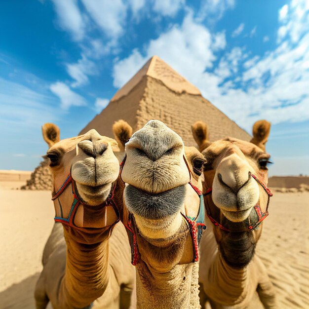 tre cammelli sono in piedi di fronte a una piramide con uno sfondo celeste generativo ai