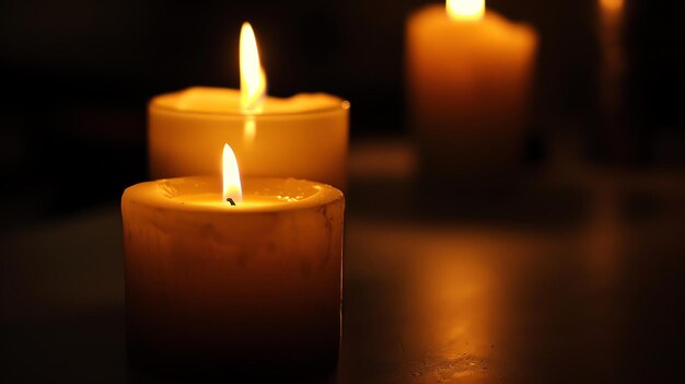Tre candele bruciano nel buio le candele sono di diverse dimensioni e forme la luce delle candele è calda e invitante