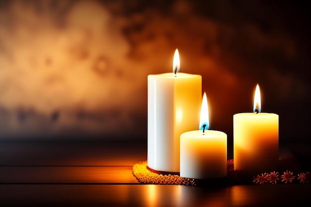 Tre candele su un tavolo con uno sfondo scuro
