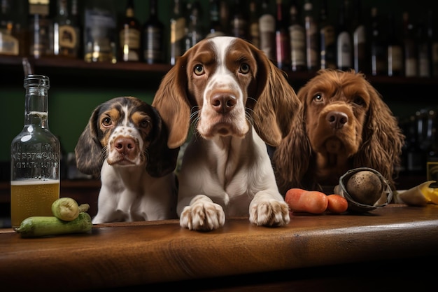 Tre cani che bevono insieme in un pub.