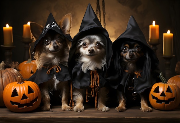 Tre cani chihuahua in costumi di Halloween di strega nera con zucche e candele