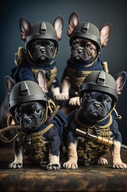 Tre cani di piccola taglia sono vestiti con uniformi militari ed elmetti generativi ai