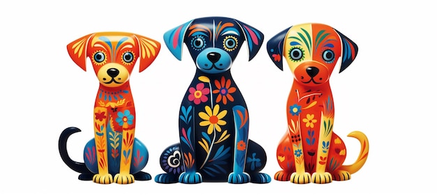 tre cani dipinti colorati seduti uno accanto all'altro su uno sfondo bianco ai generativa