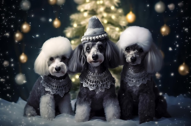 Tre cani in posa accanto all'albero di Natale generati dall'intelligenza artificiale