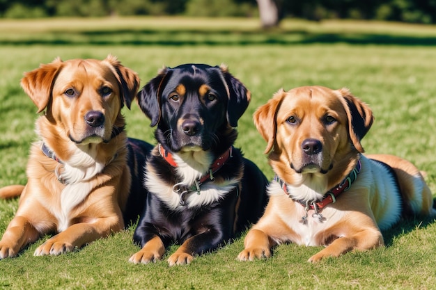 Tre cani sdraiati sull'erba, uno dei quali è un labrador.