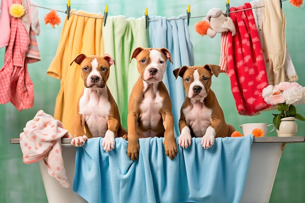 tre cani seduti in una vasca da bagno con gli asciugamani appesi al filo