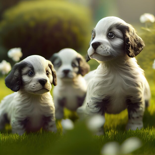 Tre cani sono in piedi in un campo di fiori.