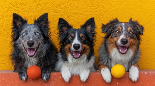 Tre cani sono seduti su una sporgenza con le palle in bocca ai