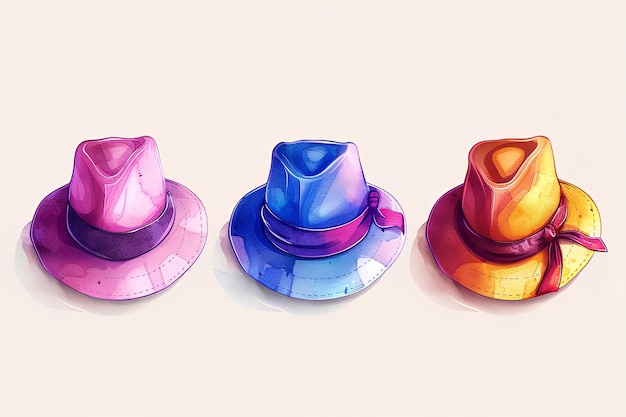 Tre cappelli seduti l'uno accanto all'altro su una superficie bianca