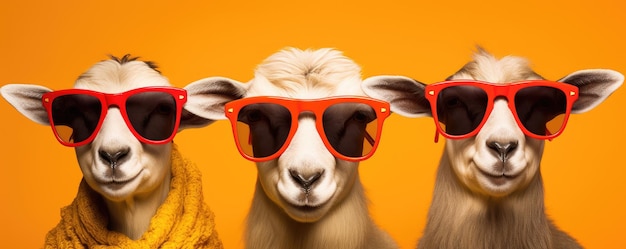 Tre capre con occhiali da sole Una bizzarra dichiarazione di moda su una vibrante IA generativa gialla
