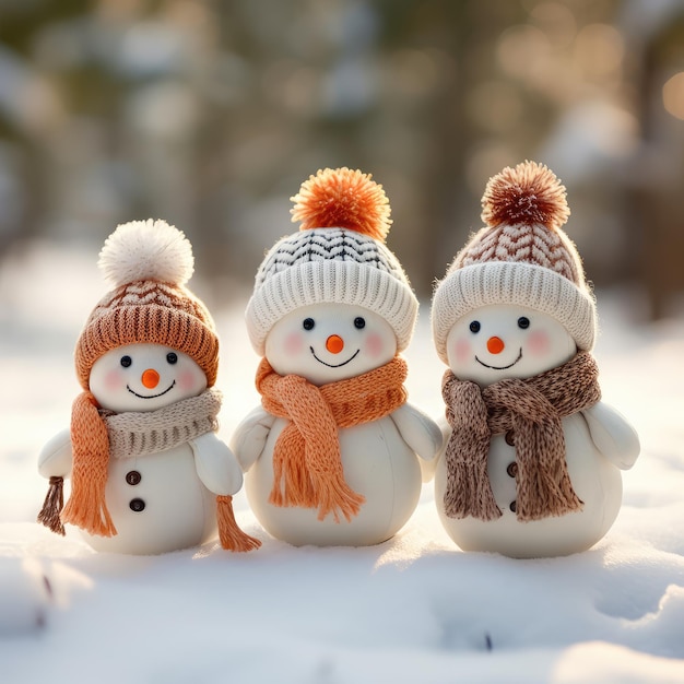 Tre carini pupazzi di neve di buon umore generati dall'AI