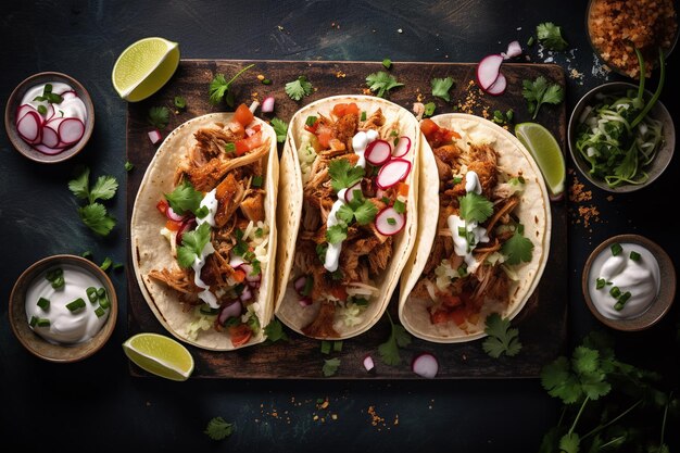 tre carne di maiale messicana carnitas tacos composizione piatta