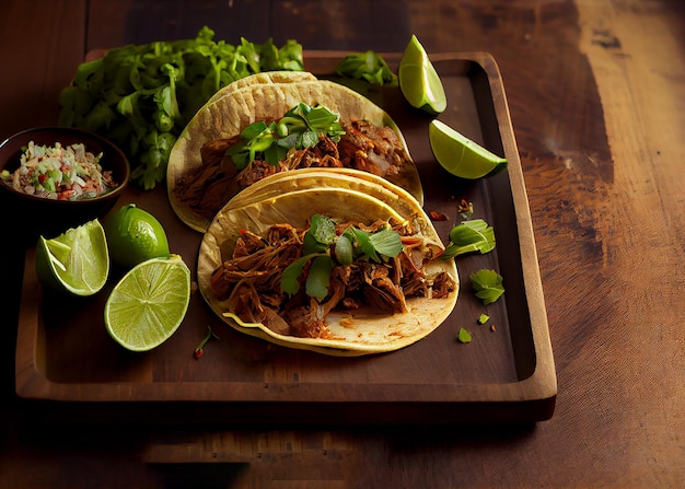 Tre carnitas di maiale messicano tacos composizione piatta ai generati