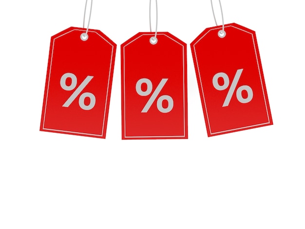 Tre cartellini dei prezzi con il segno di percentuale