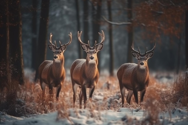 Tre cervi in un bosco innevato IA generativa