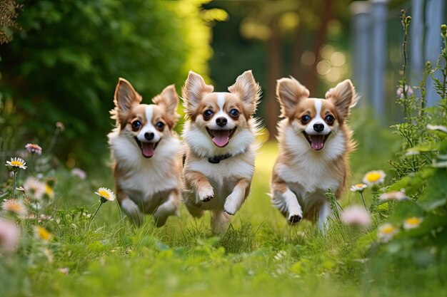 Tre Chihuahua in esecuzione sul giardino