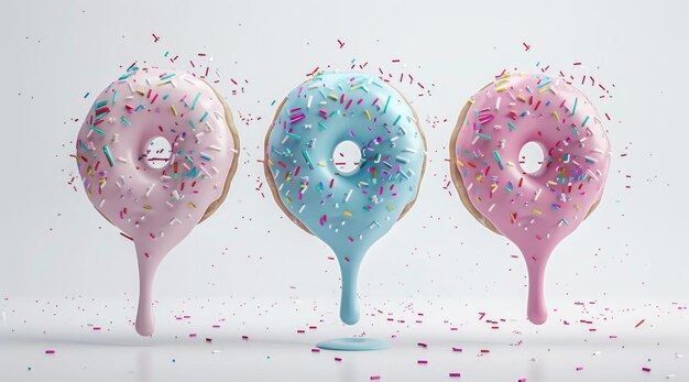 Tre ciambelle colorate con glassa e spruzzate appaiono sospese in aria con la glassa che gocciola verso le pozzanghere sotto contro uno sfondo bianco