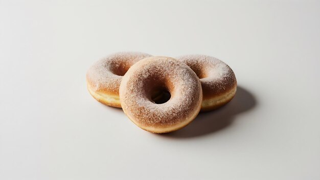 Tre ciambelle di zucchero su uno sfondo bianco