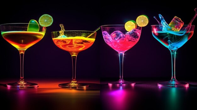 tre cocktail di diversi colori in bicchieri con fette di lime e ghiaccio generativo ai