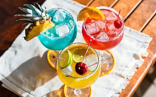 Tre cocktail esotici nei raggi del sole fresche bevande alcoliche estive fredde