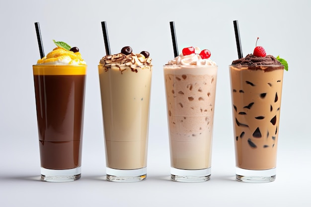 Tre cocktail milkshake composti da un aroma di cioccolato al gusto di banana e un mix di aromi di frutta