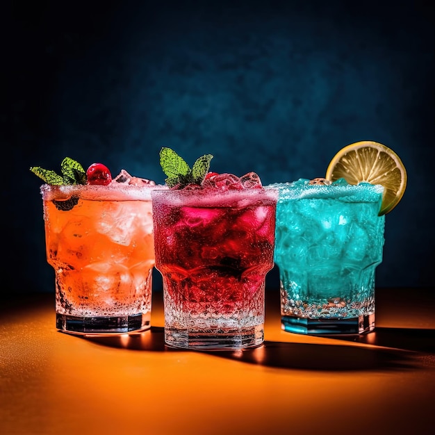 Tre cocktail su un tavolo con sfondo blu