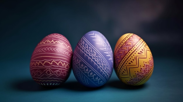 Tre colorate uova di pasqua sono allineate su uno sfondo blu