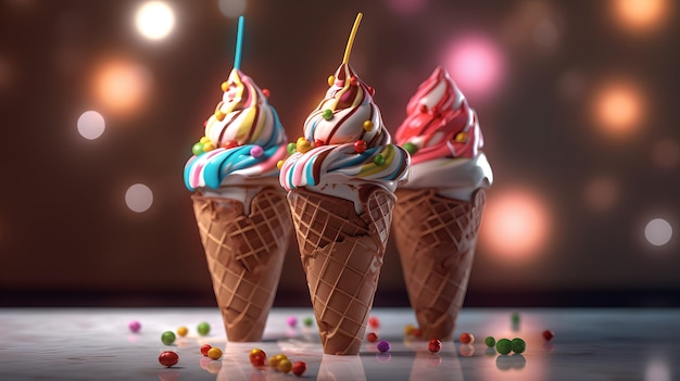 Tre coloratissimi coni gelato annuncio commerciale sfondo 3d Ai generato