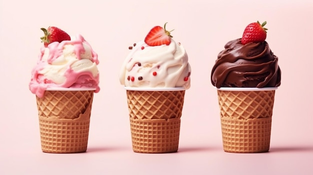 tre coni di gelato con diversi sapori di topping su di loro generativo ai