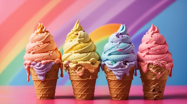 Tre coni gelato con uno con un arcobaleno