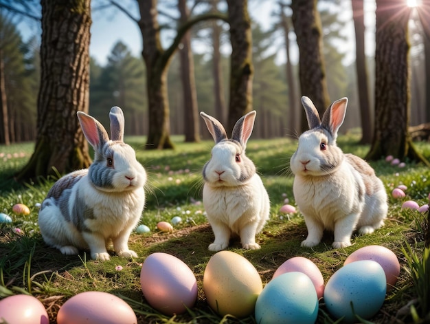 Tre conigli con le uova di Pasqua in una foresta