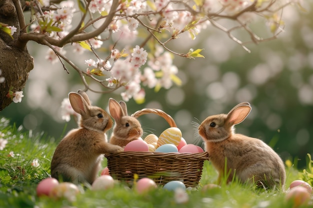 Tre conigli da un cesto di uova di Pasqua nell'erba