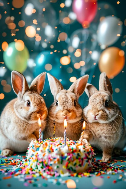 Tre conigli sono seduti di fronte alla torta di compleanno con candele accese