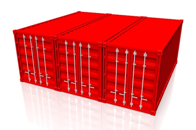 Tre container rossi isolati su sfondo bianco illustrazione 3D