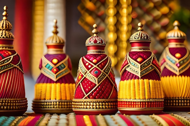 tre contenitori d'oro e rosso con la parola indiano su di loro
