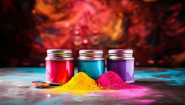 Tre contenitori di polvere color arcobaleno su un tavolo con decorazione holi decorazioni colorate holi ornamenti festivi concetto di celebrazione