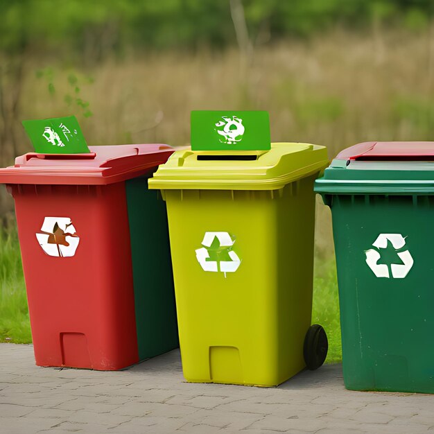 tre contenitori per il riciclaggio con uno che dice "riciclaggio"