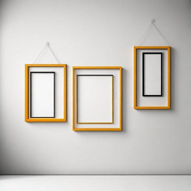 Tre cornici vuote minimaliste per foto con sfondo bicolore