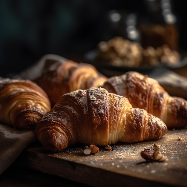 Tre croissant su un tavolo di legno con i dadi sul tavolo