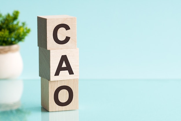 Tre cubi di legno con lettere - cao - abbreviazione di capo contabile, sul tavolo blu