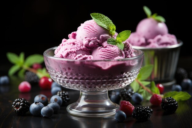 Tre cucchiai di gelato di bacche Gelato alla menta in una ciotola di vetro con lamponi mirtilli