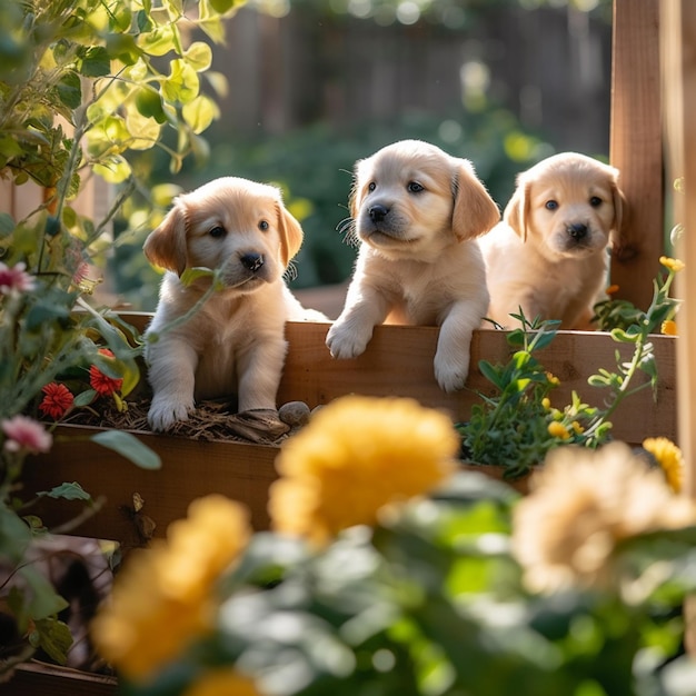 Tre cuccioli sono seduti in un vaso di fiori con fiori ai generativi