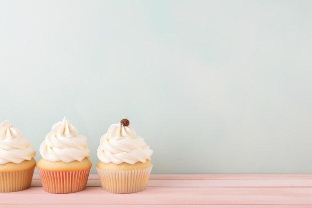 Tre cupcakes con glassa bianca e sfondo rosa